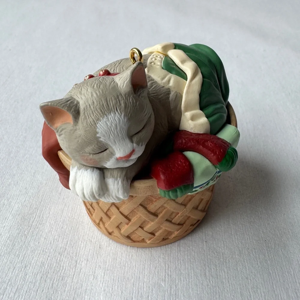 1998 Cat Naps Hallmark Collector Christmas Ornament Grey Kitten Laundry Basket